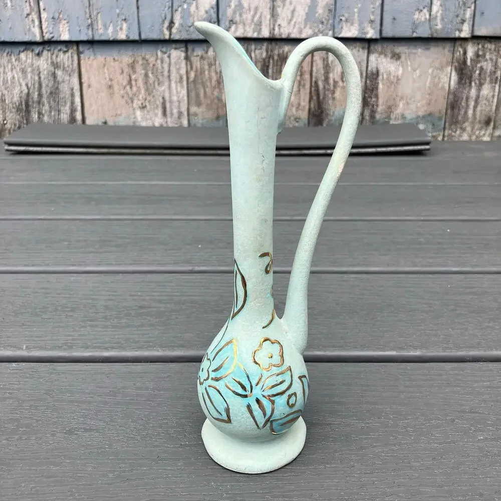 Vintage 1950s blue and metallic gold floral bud pitcher vase shabby chic cottage